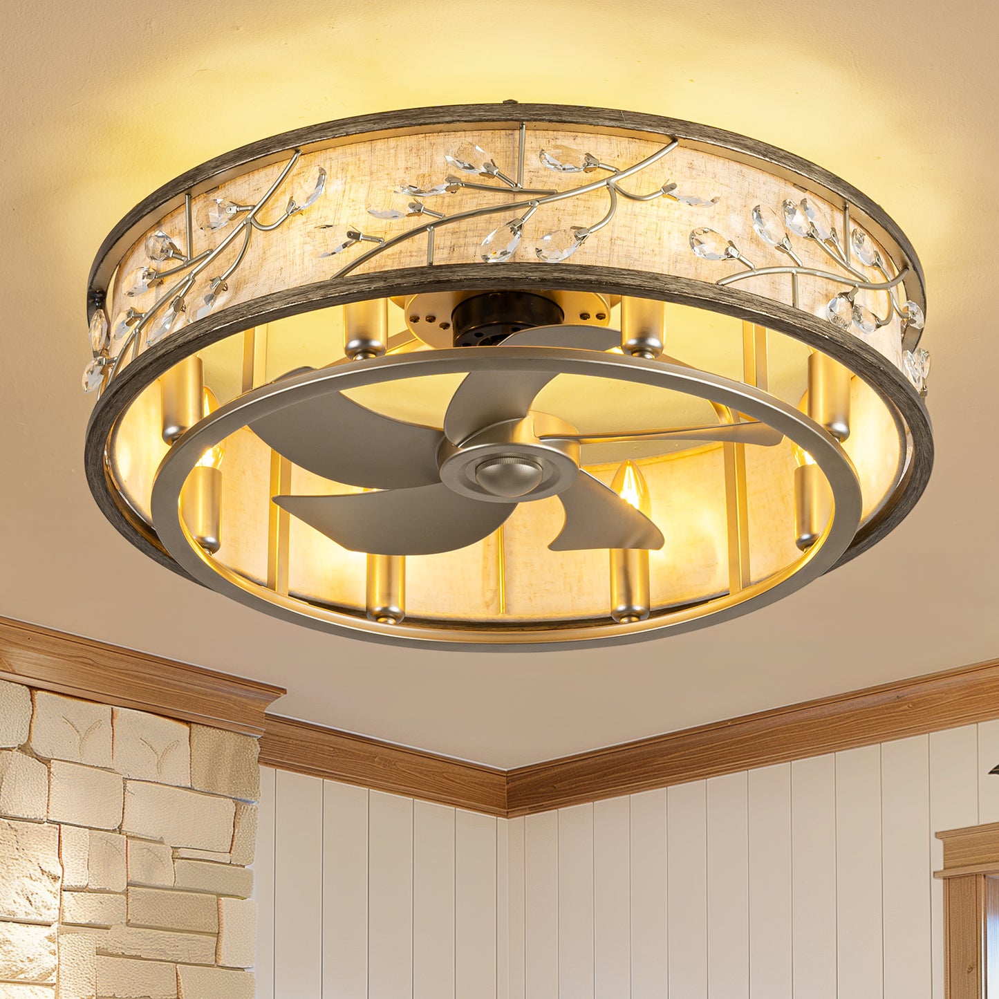 WWM 24" Flush Mount Caged Ceiling Fan with Light and Remote (Bulbs Included)