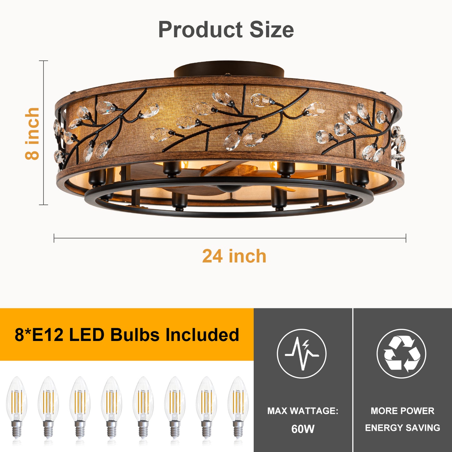 WWM 24" Low Profile Farmhouse Ceiling Fan with Light (Bulbs Included)