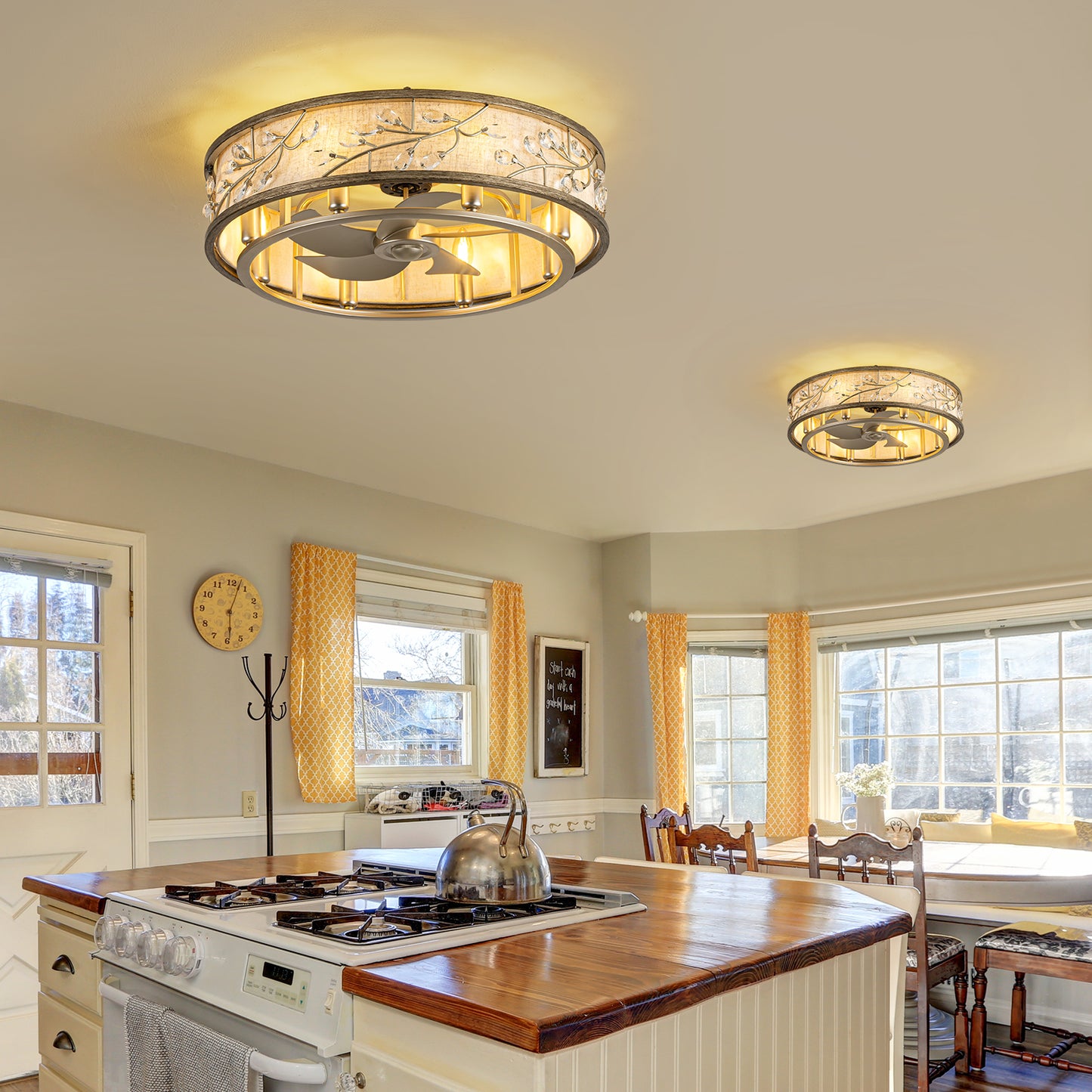 WWM 24" Flush Mount Caged Ceiling Fan with Light and Remote (Bulbs Included)
