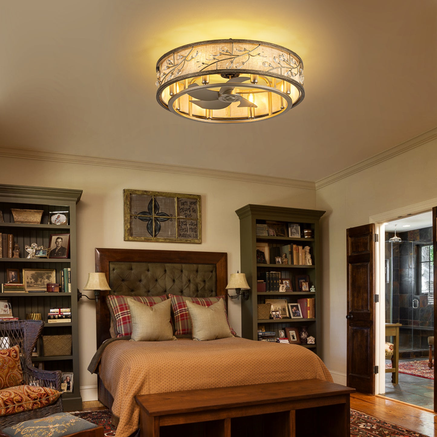 WWM 24" Flush Mount Caged Ceiling Fan with Light and Remote (Bulbs Included)