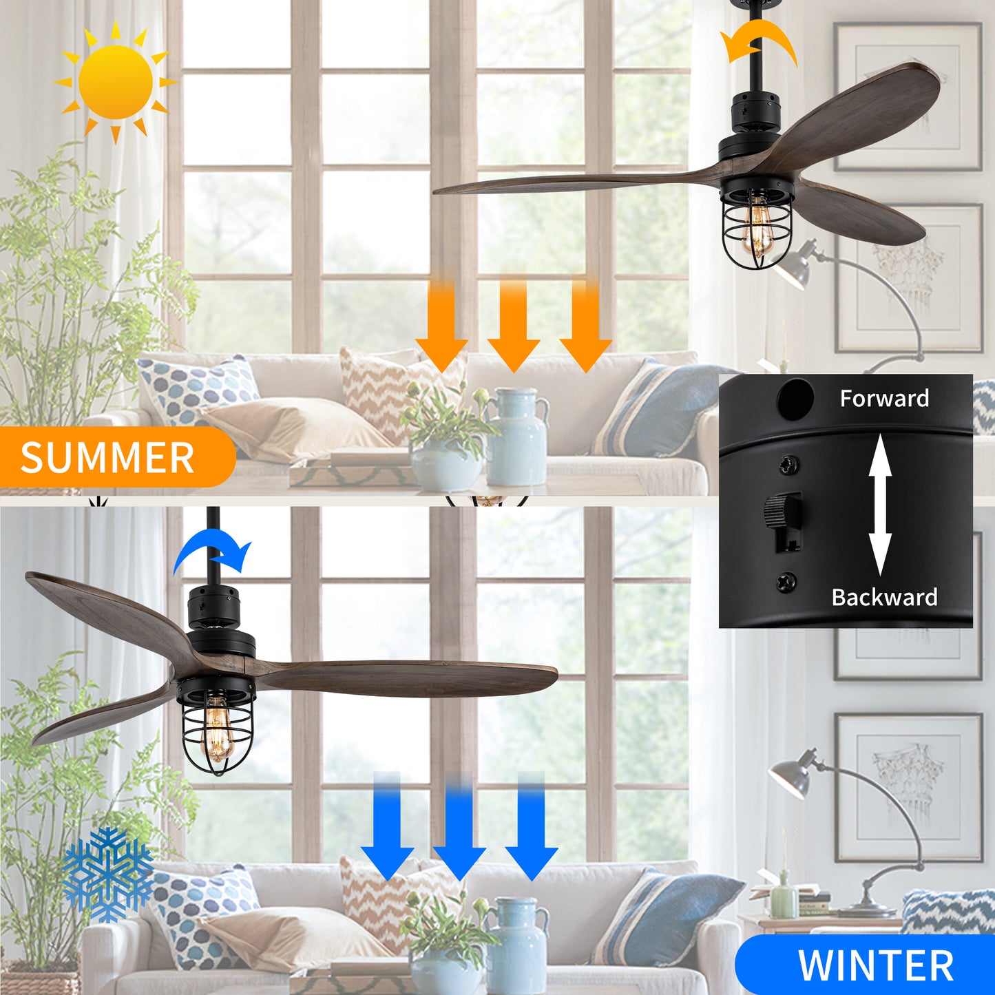 WWM 52 Inch Rustic Outdoor Ceiling Fan with Light and Remote,Wood Ceiling fan