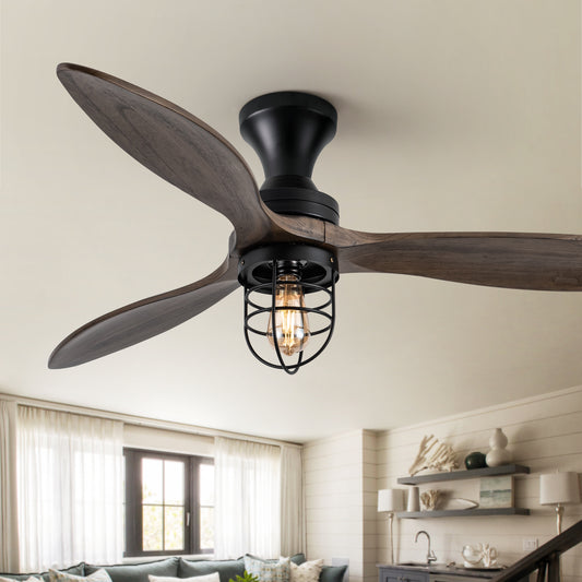 WWM 52In Rustic Flush Mount Ceiling Fan with Lights Remote Control