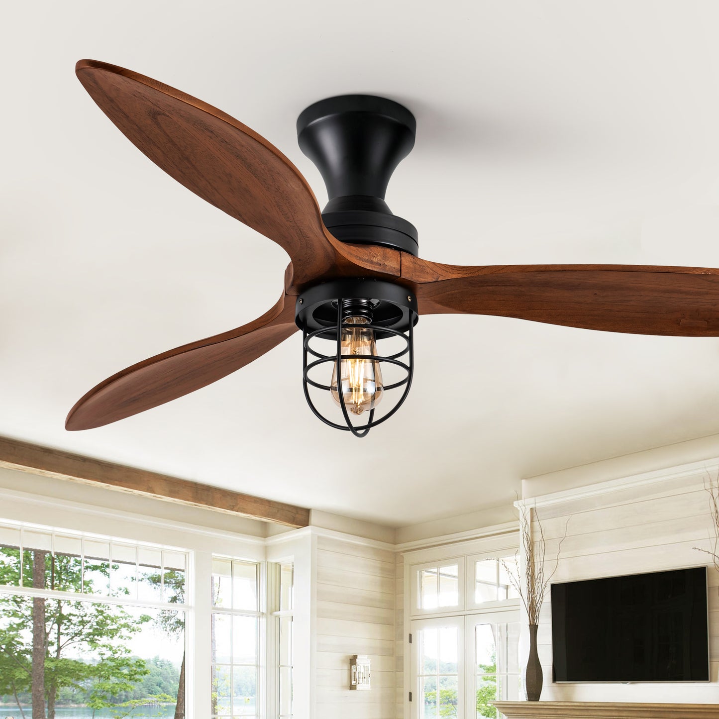 WWM 52 Inch Farmhouse Low Profile Wood Ceiling Fan With Light