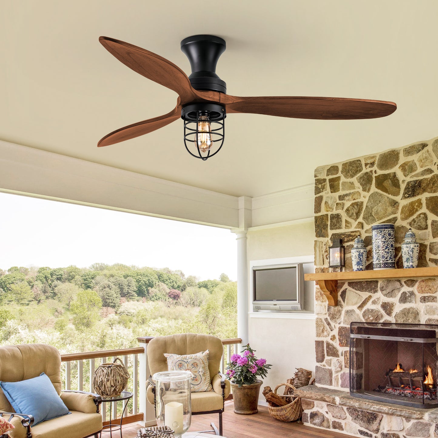 WWM 52 Inch Farmhouse Low Profile Wood Ceiling Fan With Light