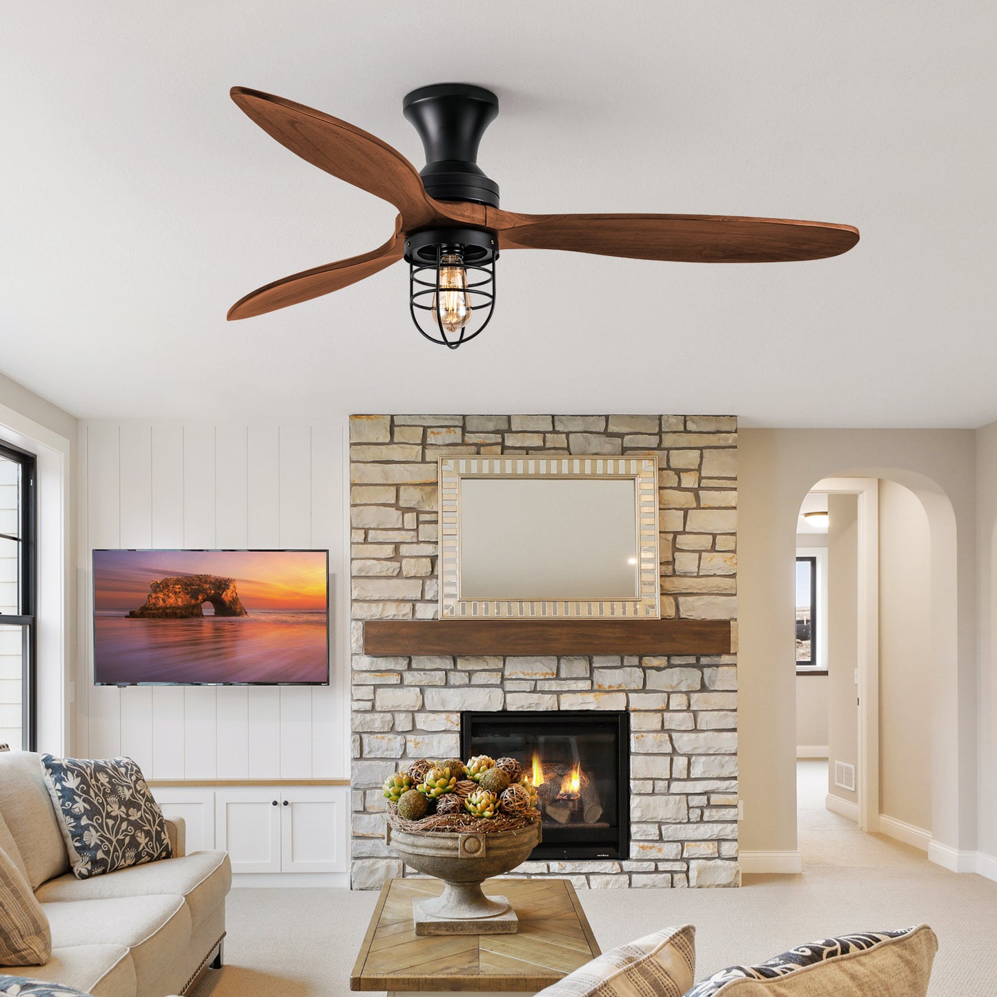 WWM 52 Inch Farmhouse Low Profile Wood Ceiling Fan With Light