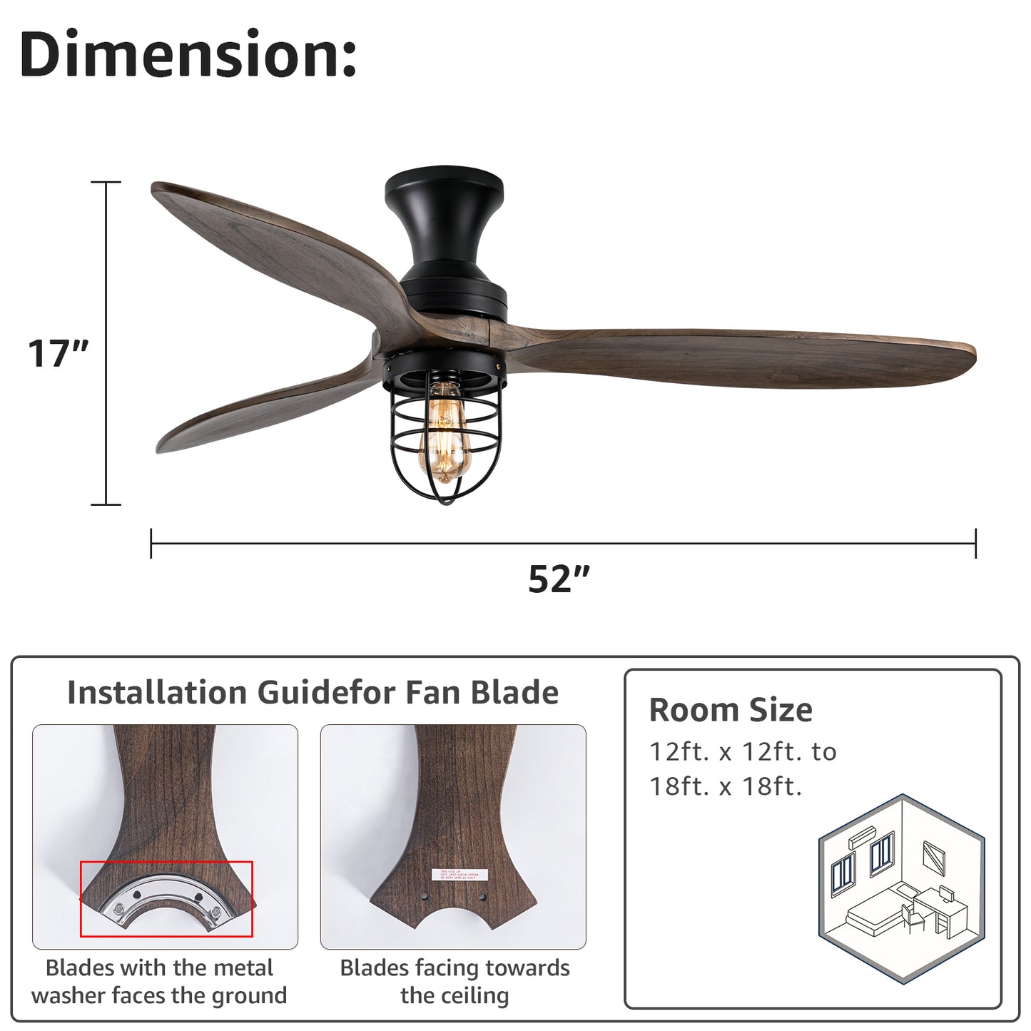 WWM 52In Rustic Flush Mount Ceiling Fan with Lights Remote Control