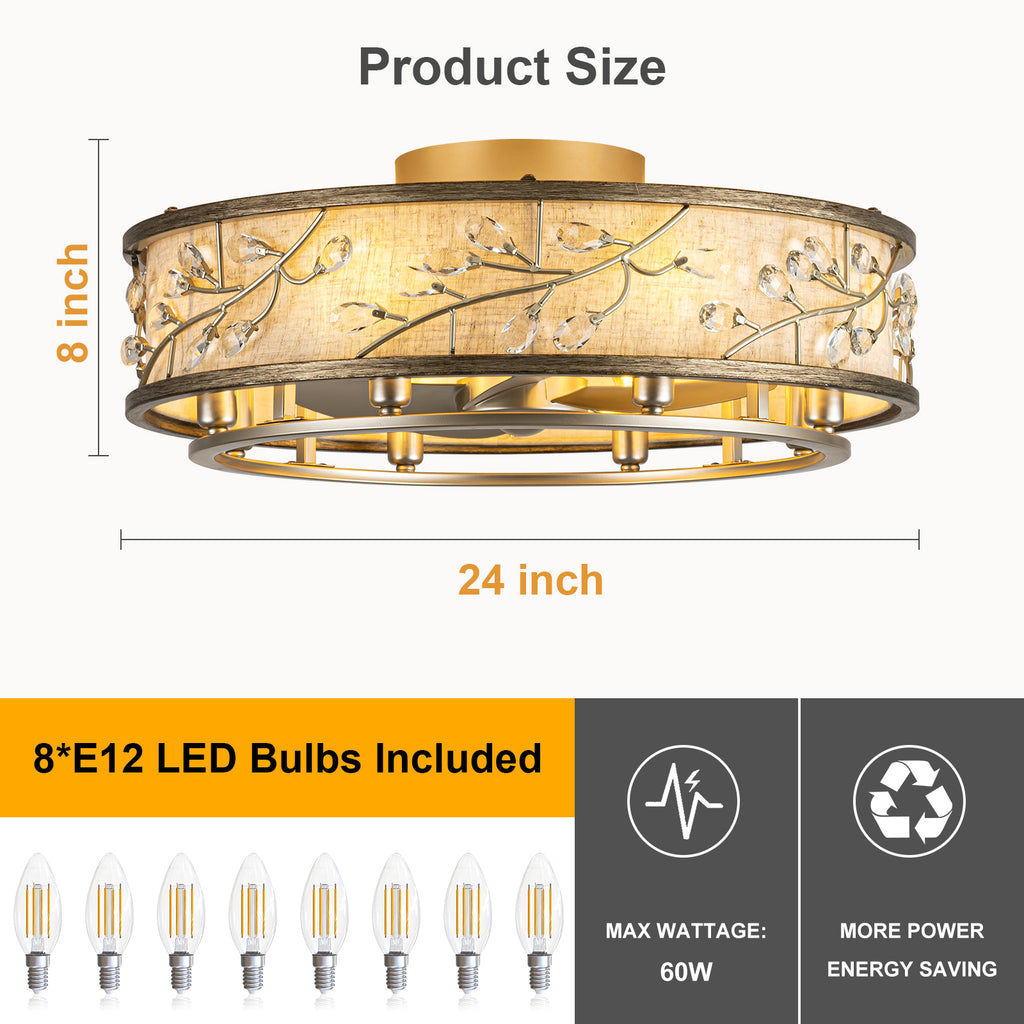 WWM 24" Flush Mount Caged Ceiling Fan with Light and Remote (Bulbs Included)