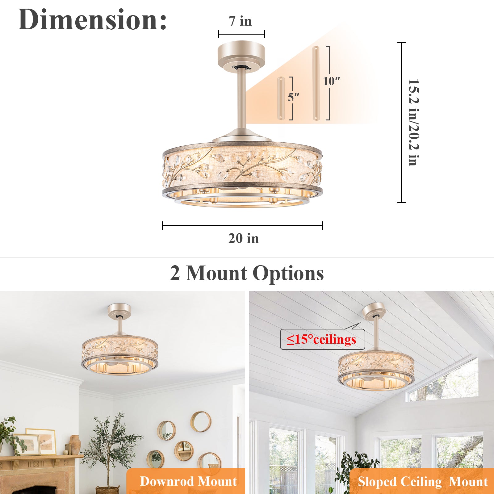 WWM 20" Caged Crystal Ceiling Fan with Light