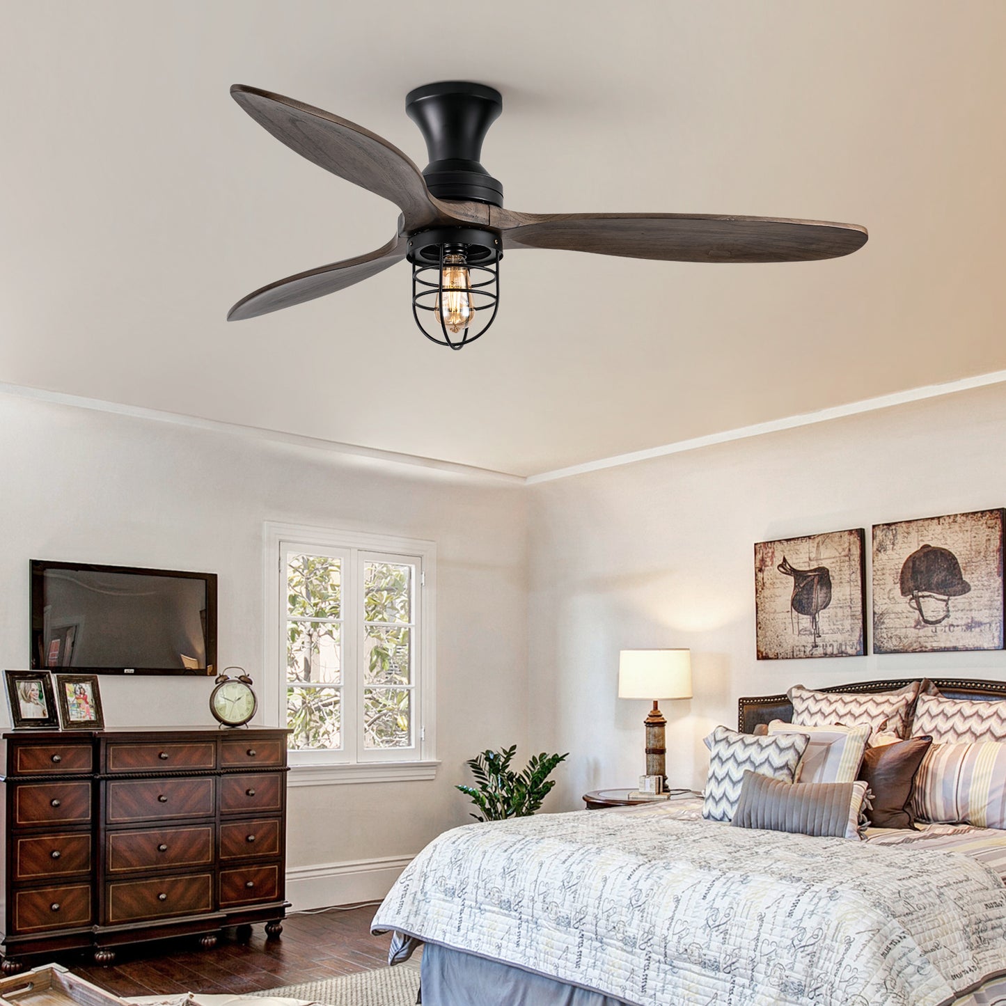 WWM 52In Rustic Flush Mount Ceiling Fan with Lights Remote Control