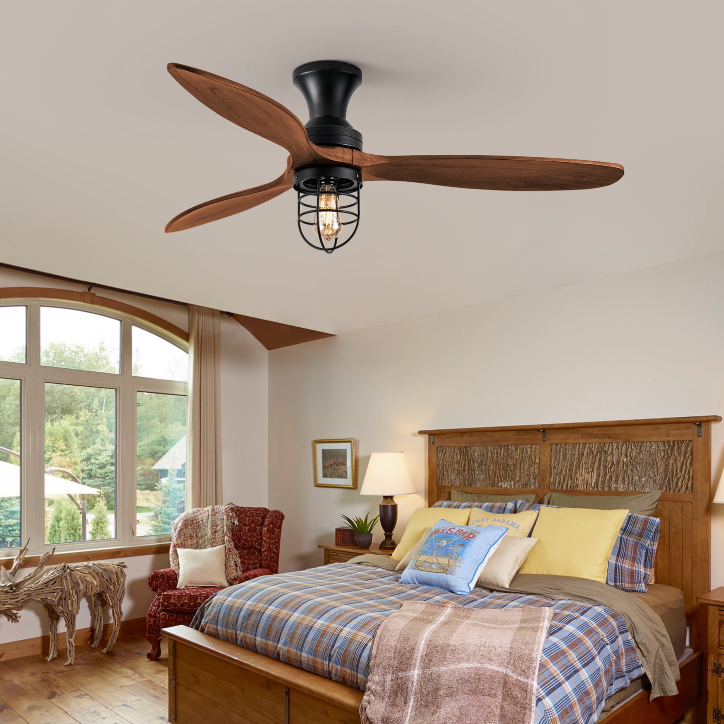 WWM 52 Inch Farmhouse Low Profile Wood Ceiling Fan With Light