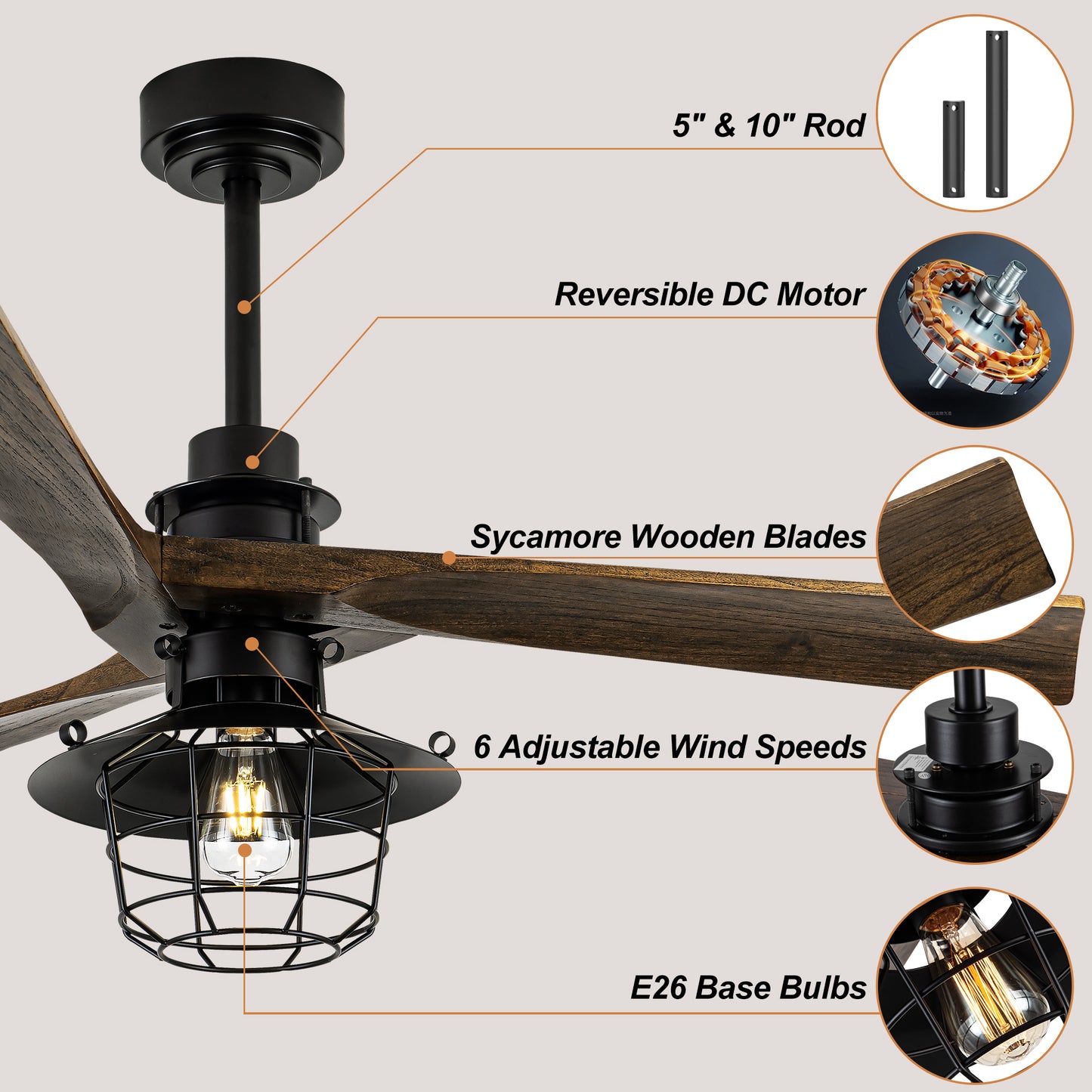 WWM 52" Farmhouse Ceiling Fan with Lights and Remote Control