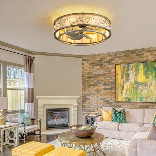 WWM 24" Flush Mount Caged Ceiling Fan with Light and Remote (Bulbs Included)