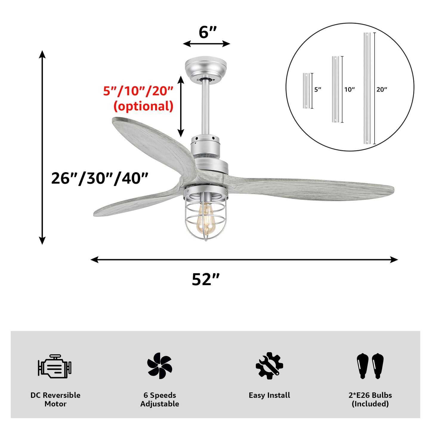 WWM 52 in Ceiling Fans with Light and Remote 3 Wood Blades