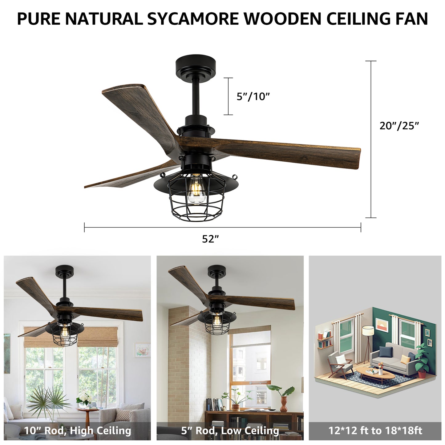 WWM 52" Farmhouse Ceiling Fan with Lights and Remote Control